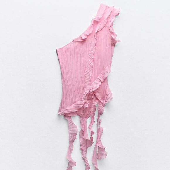 Zara Pink Ruffled One-Shoulder Blouse - Picture 3 of 10